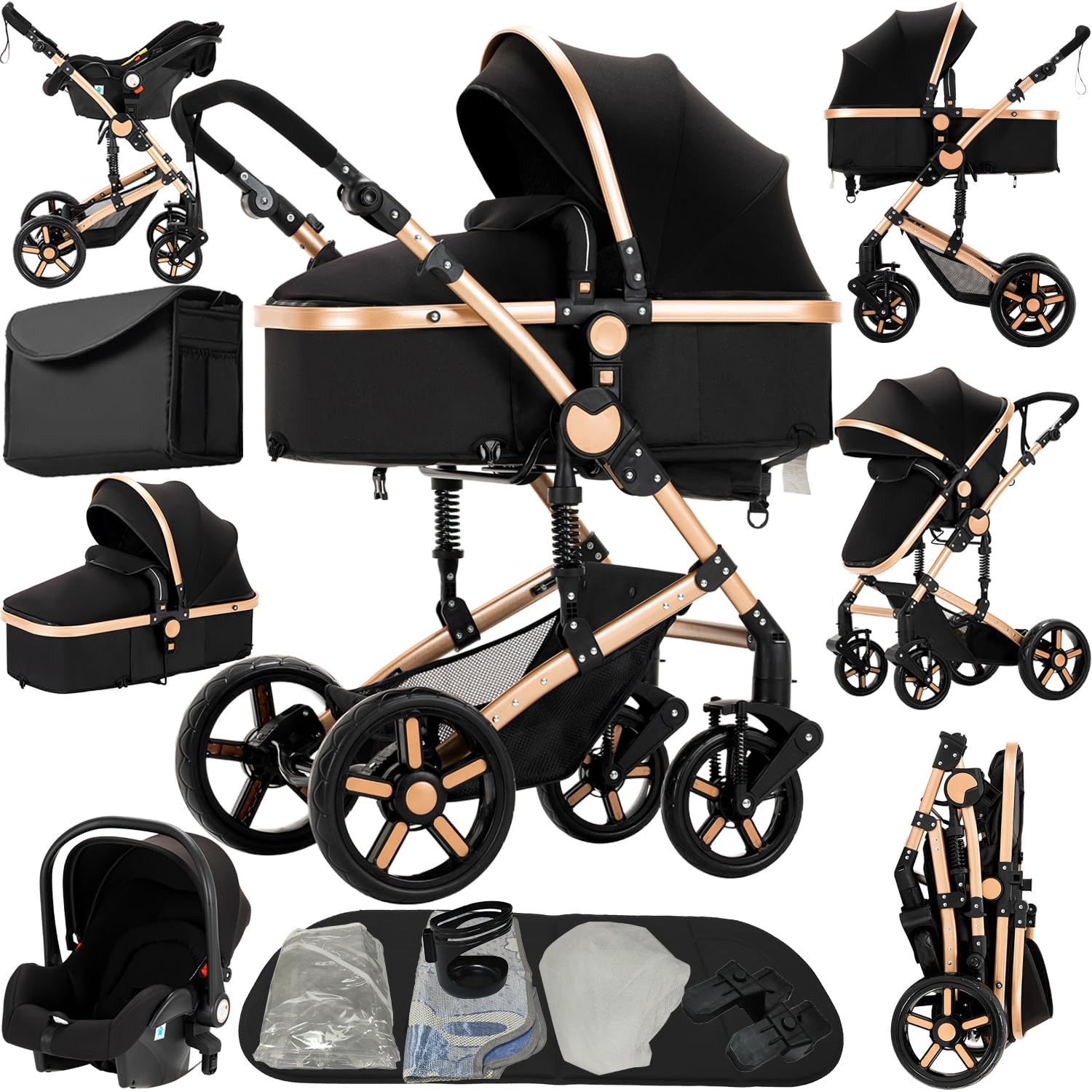 Reenborn Kinderwagen 3 in 1, Buggy mit Zwei Umkehrbaren Schiebemodi, Kinderwagen mit Rahmen Aluminiumlegierung, Babywagen 3 in 1 Komplettset mit Ein-Klick-Faltdesign Hohe Landschaft (588 Black Gold)