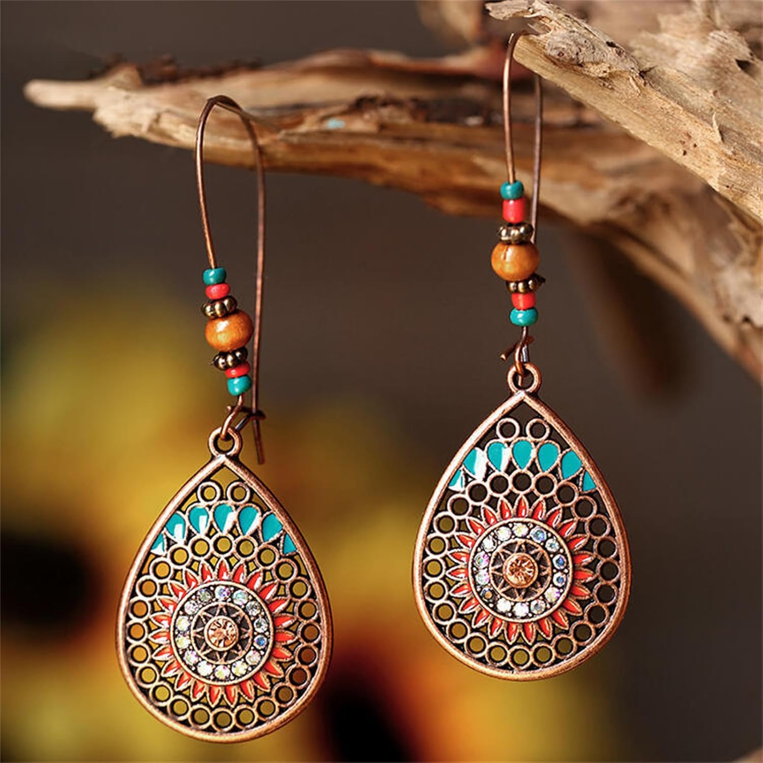 Bohemian Turquoise Earrings Ethnic Tibetan Engraved Flower Pattern Round Geometric Dangle Drop Statement Earrings for Women Handmade Trendy Boho Vintage Jewelry (Teardrop Turquoise) - Image 4