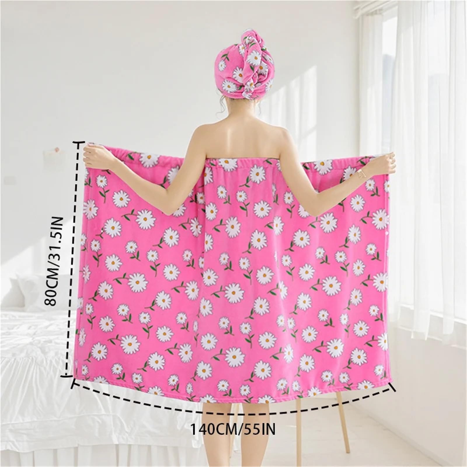 Handtuchkleid 2-teiliges Set, Haarwickel, Baderock, Gänseblümchen-Stil, tragbares Handtuch, weich, saugfähig, schnell trocknend