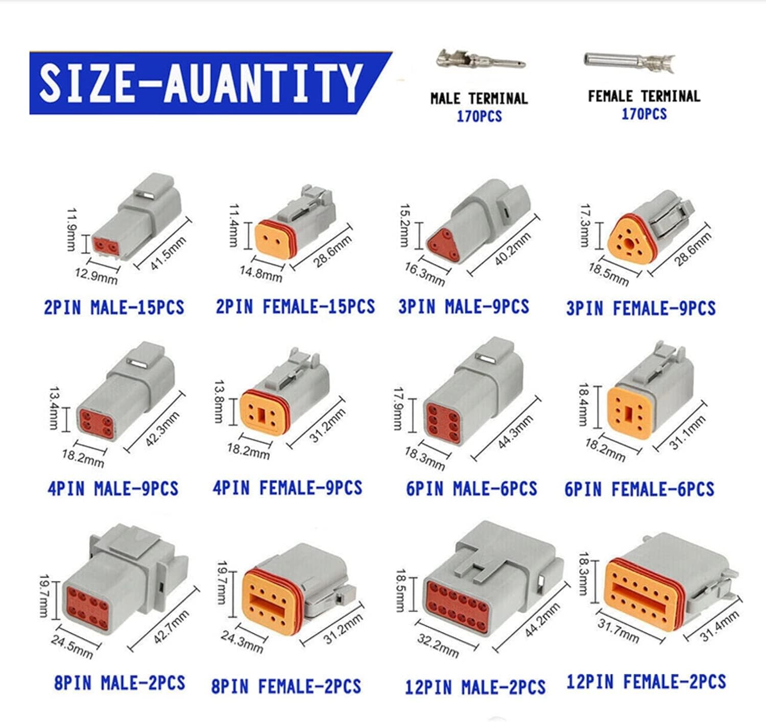750PCS New Deutsch DT Connector Plug Kit Compatible for 14 16 18 20 AWG Stamped Contact Kit