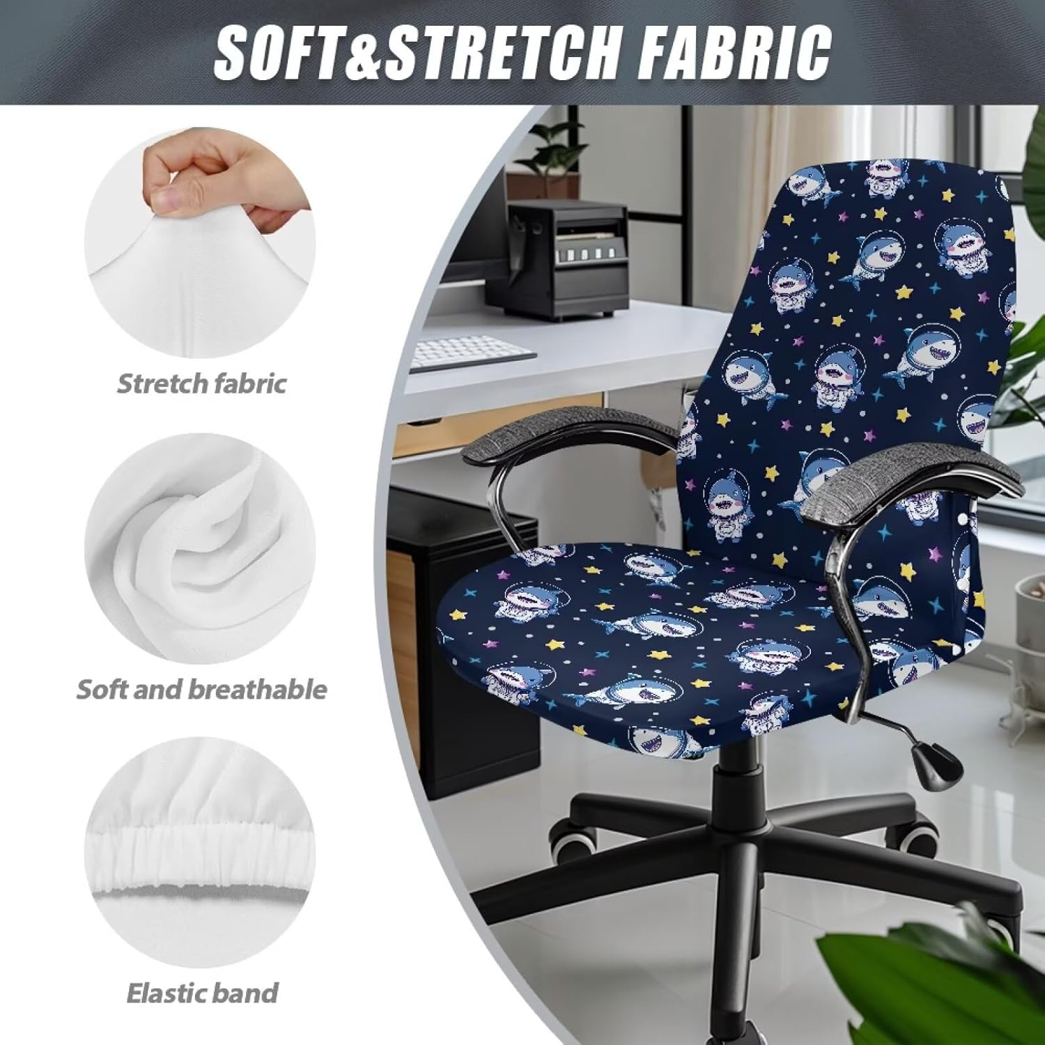 Wanyint Shark Astronaut Star Office Chair Cover Stretchable Desk Chair Protector Non-Slip Computer Office Chair Slipcover Washable Desk Chair Cover with Elastic Bottom, Dark Blue, L