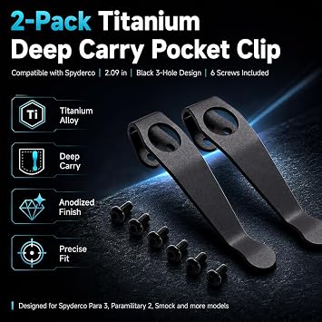 2-Pack Titanium Deep Carry Pocket Clip Compatible with Spyderco
