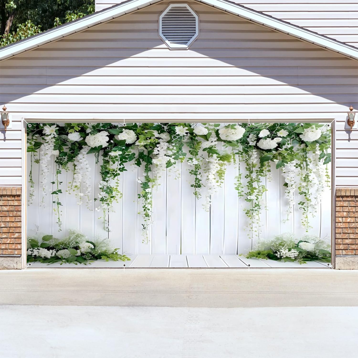 Leowefowa 16x7ft Flowers Backdrop Floral Wall Fabric White and Green Romantic Garage Buddy Leaves Decoration Props Outdoor Party Backdrop Decoration