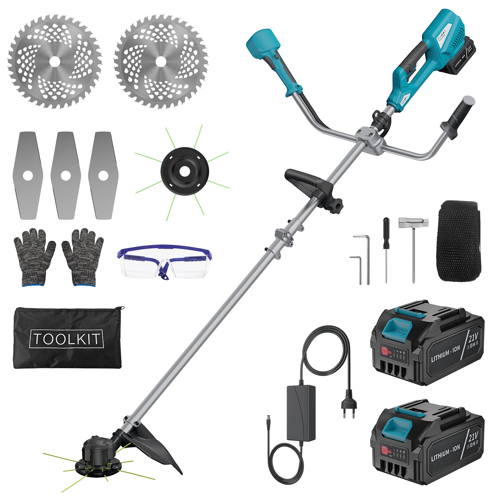 Motor de accionamiento directo sin escobillas, desbrozadora con batería de 3000 mAh y cargador, eje telescópico, doble accionamiento y correa para el hombro, para jardín, césped, malas hierbas