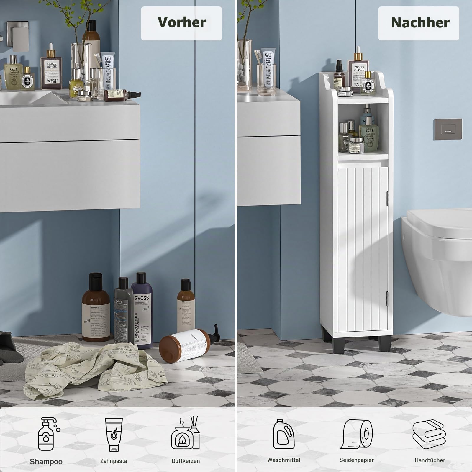 Badezimmerschrank Schmal Klein, Badschrank Holz, Eckschrank, Toilettenschrank mit Verstellbaren Regalen, Badezimmermöbel mit offenes Fach, Badezimmer Schrank für Kleine Räume, Weiss