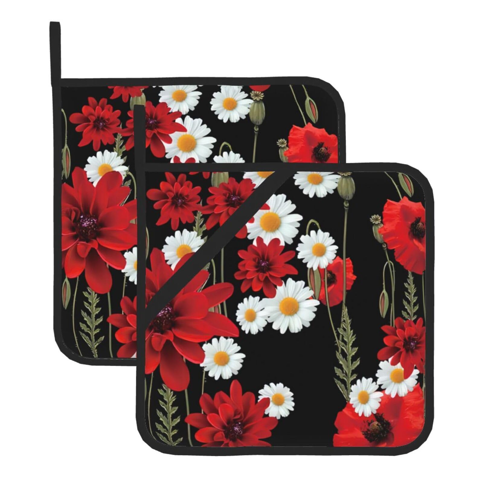WHJSHOP Red Flower and White Daisy Prints Square Hot Pads for Kitchen Counter - Thick Heat Resistant Trivets for Microwave & Oven, BBQ Grilling Cover (2 Pack)