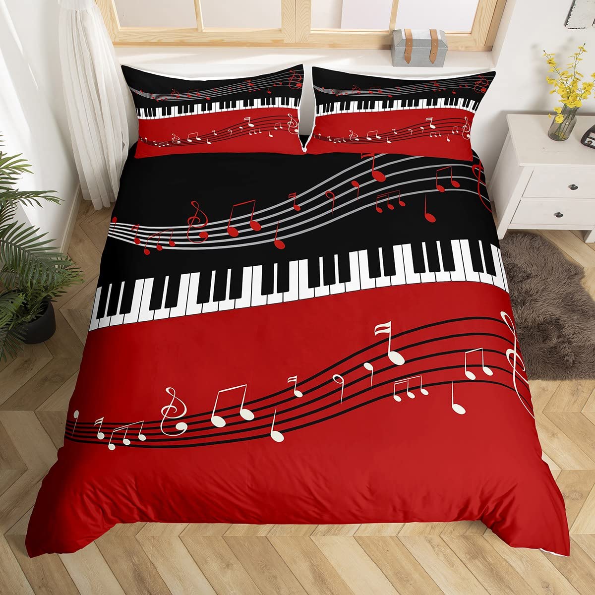 feelingyou Black White Piano Keys and Notes Bedding Set,Music Comforter Cover Set for Teens Women Room Decor,Hippie Duvet Cover Breathable Rock Bedspread Cover Double Size