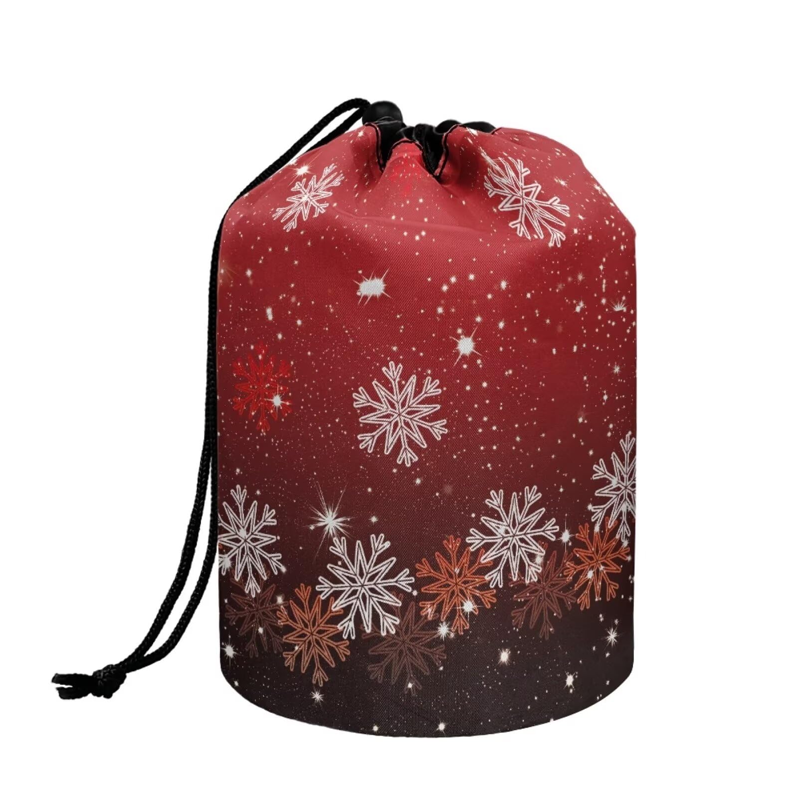 Poceacles Shiny Snowflakes Red Drawstring Cosmetic Bag for Women Ladies, Portable Foldable Travel Barrel Makeup Bag Organizer Storage Toiletry Kit