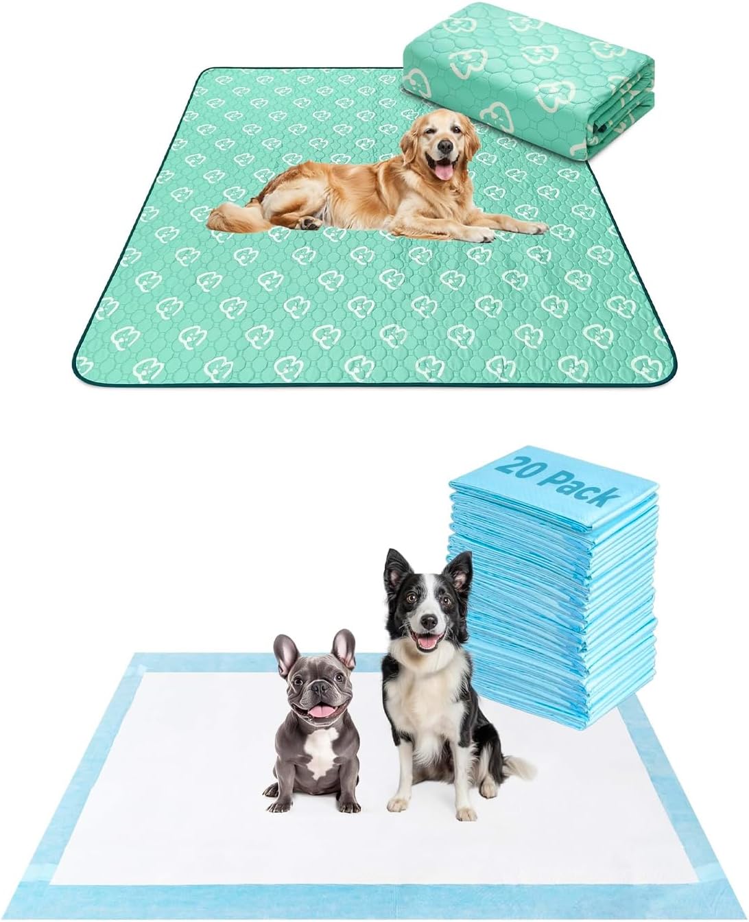 FXW Dog Pee Pads Extra Large Disposable Puppy Pads 20Pack, 51x29inch with Washable Pee Pads 63"x63"