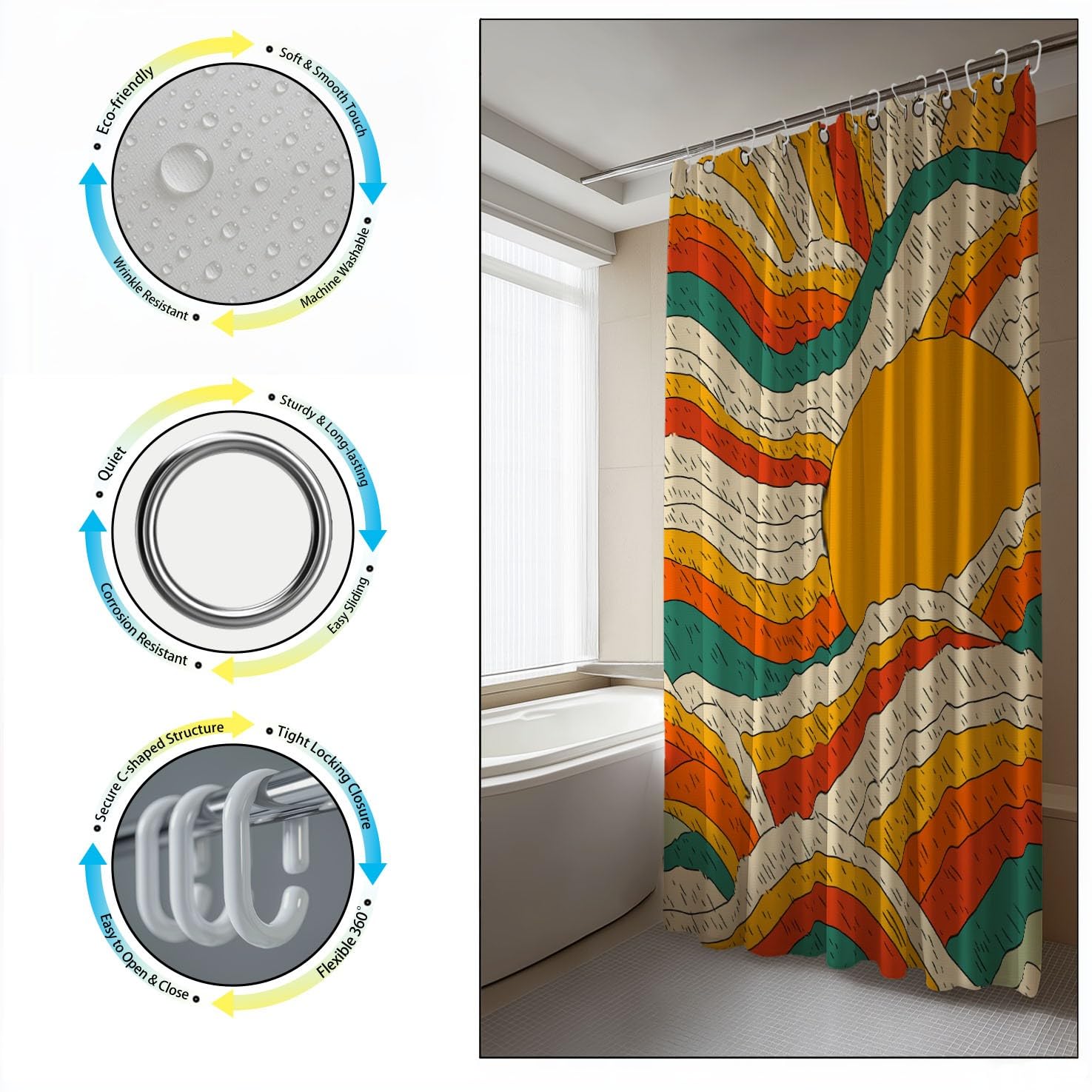 Generico Vintage Tenda Da Doccia Fantasia Linee Sole Beige, Tenda Da Doccia Per Bagno, Vasca Da Bagno, Tenda In Poliestere Impermeabile Con Ganci In Plastica, 200 x 200 cm