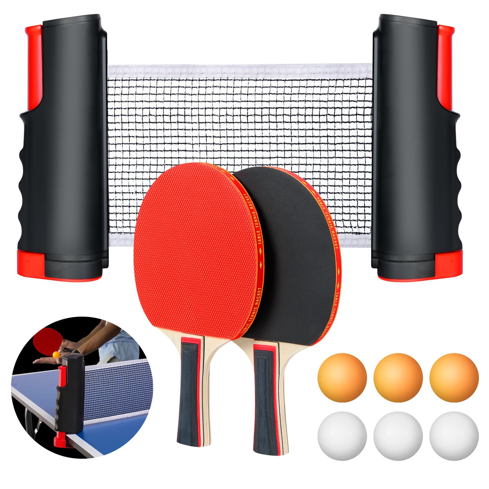 Flintronic Sets de Ping Pong, Juego de Raquetas de Tenis de Mesa Professionales, 2 Raquetas de Ping Pong, 6 Bolas, 1 Red Retráctil, 1 Bolsa de Almacenamiento, para Exterior y Hogar, Juego de Oficina