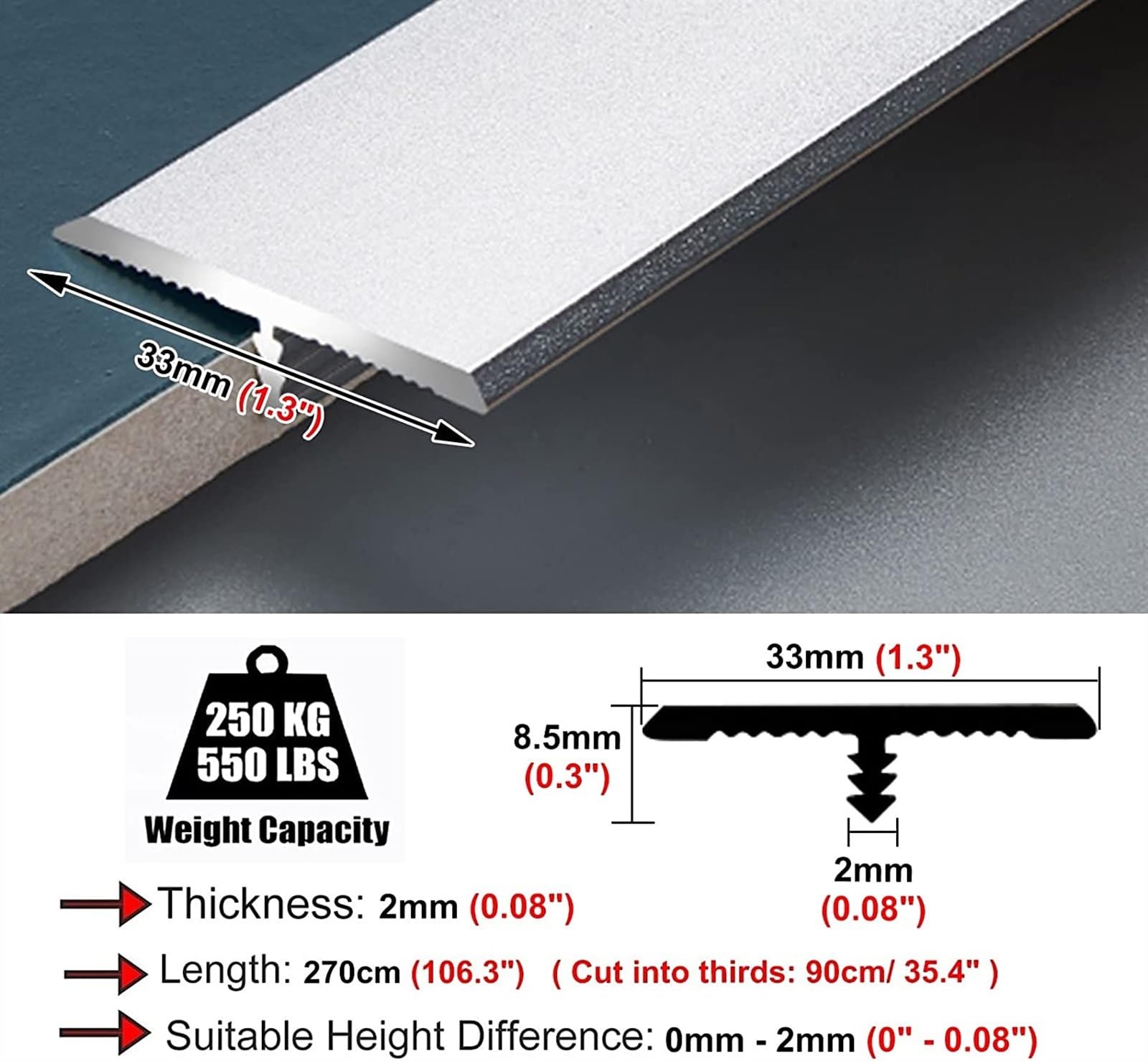 Profilo di Transizione, Striscia di Soglia, Rifinitura for bordi da pavimento a laminato in vinile, for la copertura di giunzioni tra piastrelle e legno, transizioni lisce(Silver)