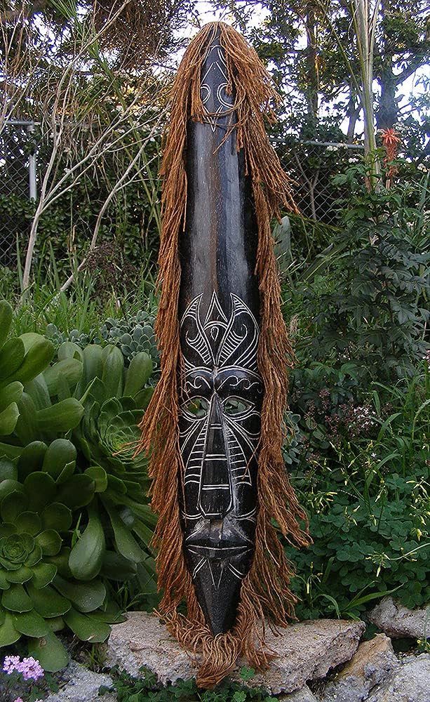 Tiki Wood Mask with Tribal Carvings Patio Tropical Bar Decor 39"