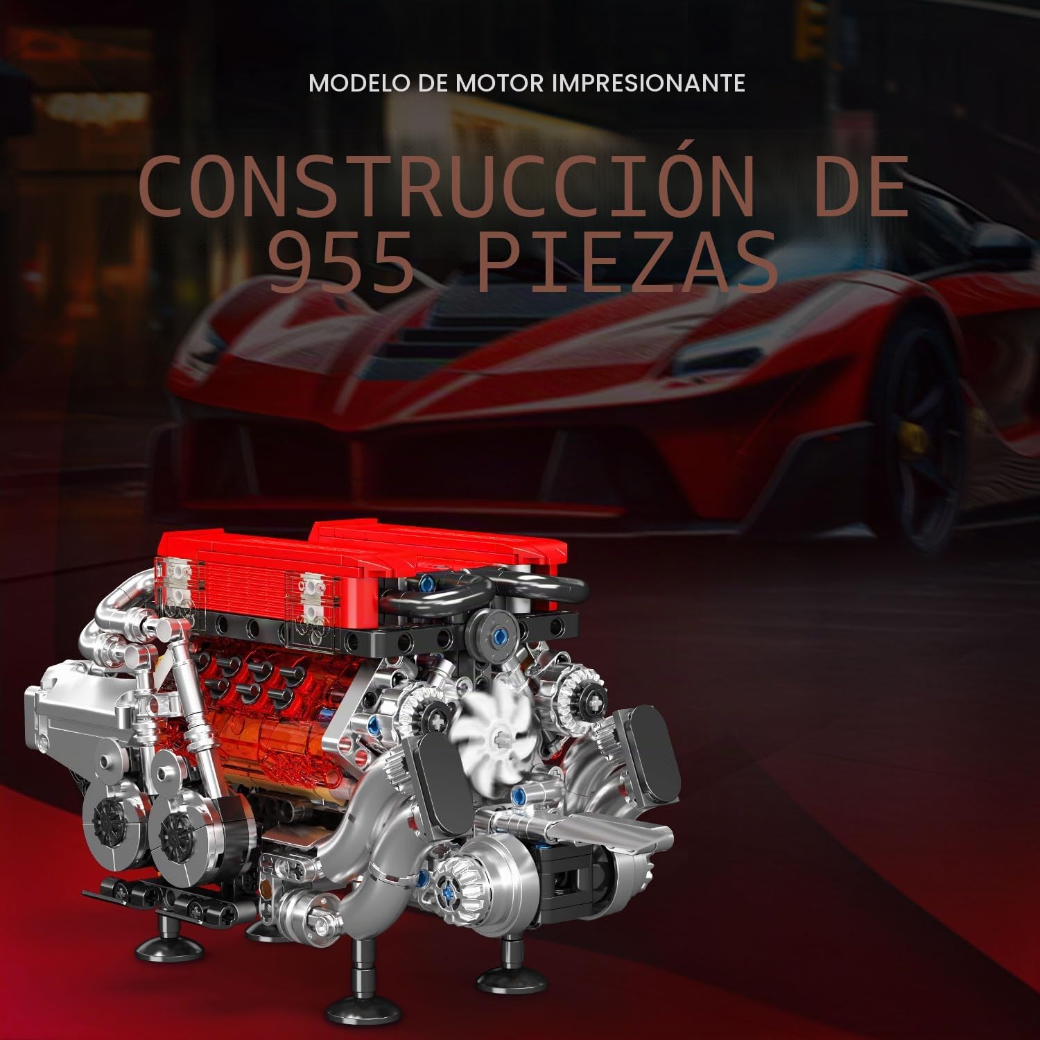 Mould King 10163 Technic W16 - Juego de 955 bloques de construcción con control por aplicación y motor modelo técnico con 16 cilindros y caja de pilas para adultos (rojo)