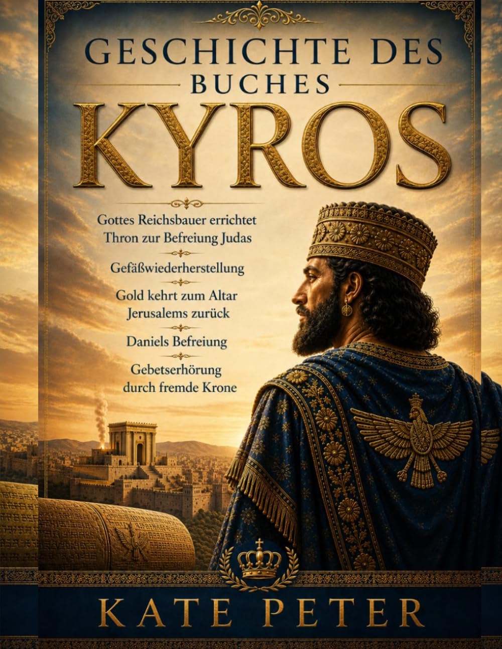 GESCHICHTE DES BUCHES KYROS:: Gottes Reichsbauer errichtet Thron zur Befreiung Judas Gefäßwiederherstellung Gold kehrt zum Altar Jerusalems zurück Daniels Befreiung Gebetserhörung durch fremde Krone