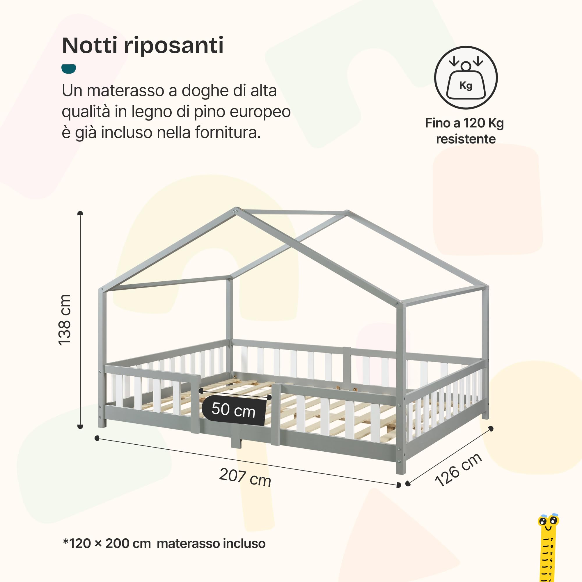 [en.casa] Letto per Cameretta Montessori Letto a Forma di Casetta con Barriera di Protezione per Bambini Struttura in Legno di Pino Materasso a Schiuma Fredda 120x200 cm Grigio Chiaro/Bianco