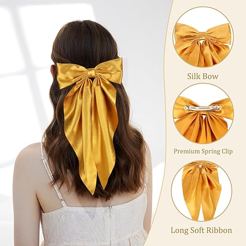 Miniatura 6 de KesaPlan Pinzas grandes para el cabello para mujer, 2 piezas de moños grandes de satén, pinzas de pelo con lazo francés con cinta de cola larga,