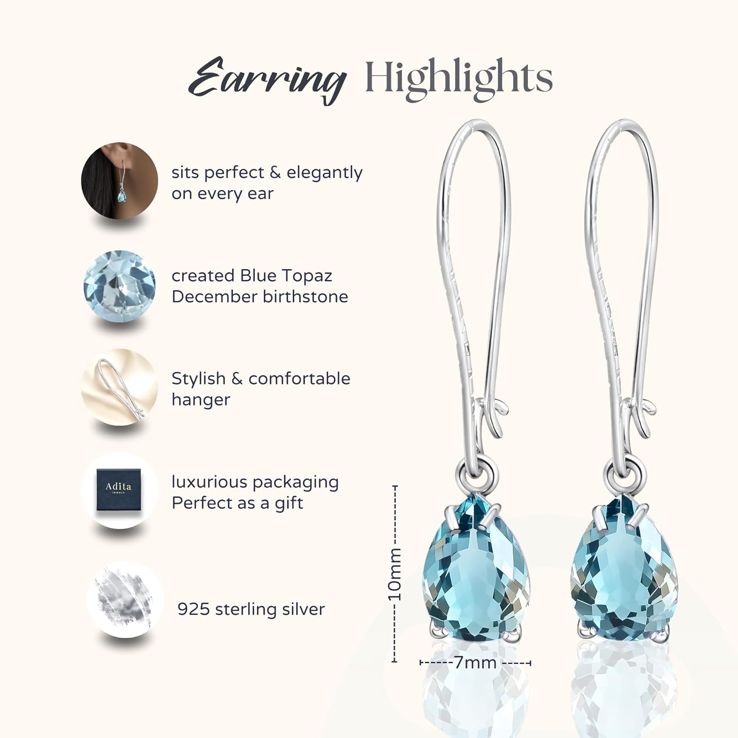 925 Sterling Silver Gemstone Earrings for Women - 7x10mm Teardrop Gemstone - Birthstone Jewelry - Elegant Gift for Wife, Daughter, Sister - Image 6