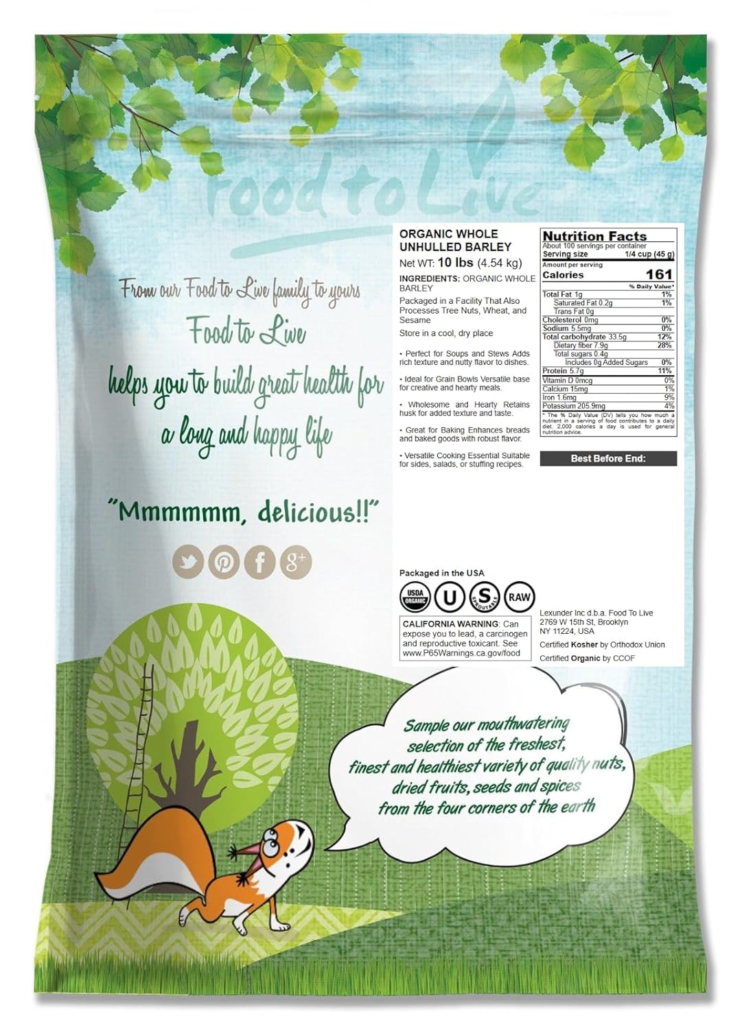 Food to Live Organic Whole Unhulled Barley, 10 Pounds - Premium Quality Seeds with Husk Intact. Non-GMO, 100% Natural, High in Fiber. Kosher Grain.