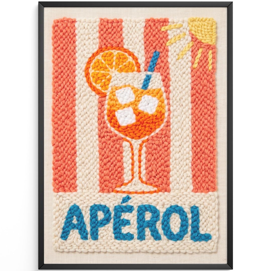 MJ-GRAPHICS® Poster Aperol Kunstdruck Stickerei Wandbild Rot Orange Deko Sommer Küche Wohnzimmer 50x70 mit braunem Rahmen