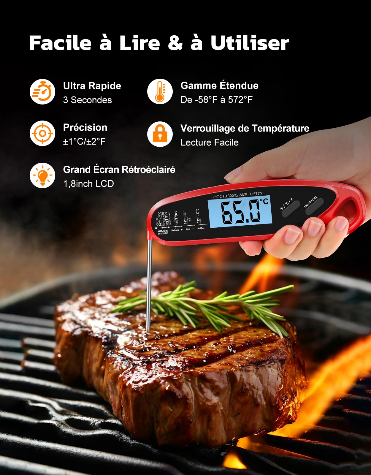 Thermomètre Cuisine Double Sondes Pliables 3s Lecture Instantané Digital Rétroéclairage LCD Calibration Cuisson Ustensile Four BBQ Fumoir