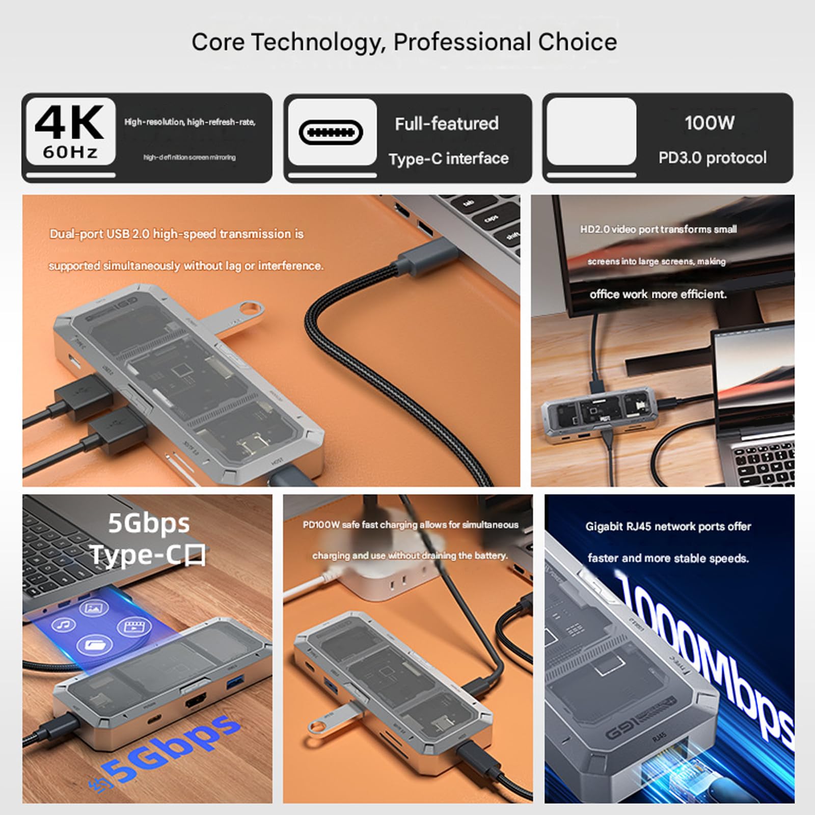 Base USB C 9 en 1 con carga PD100W y lector de tarjetas