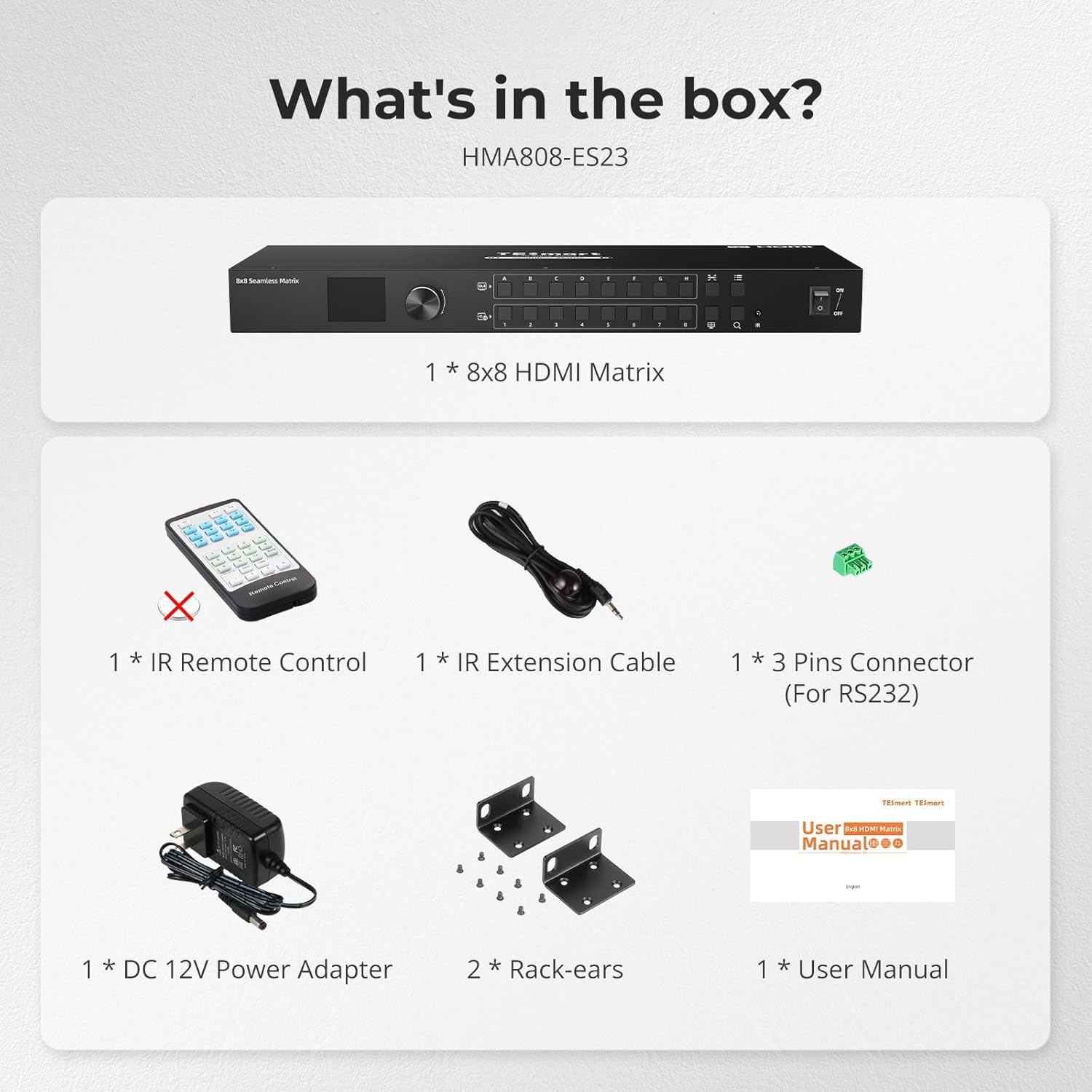 TESmart 8x8 Seamless HDMI Matrix Switch 1920x1080@60Hz Remote Control, Supports Audio Splitting, Preview Mode, RS-232, LAN Control, Rename Port