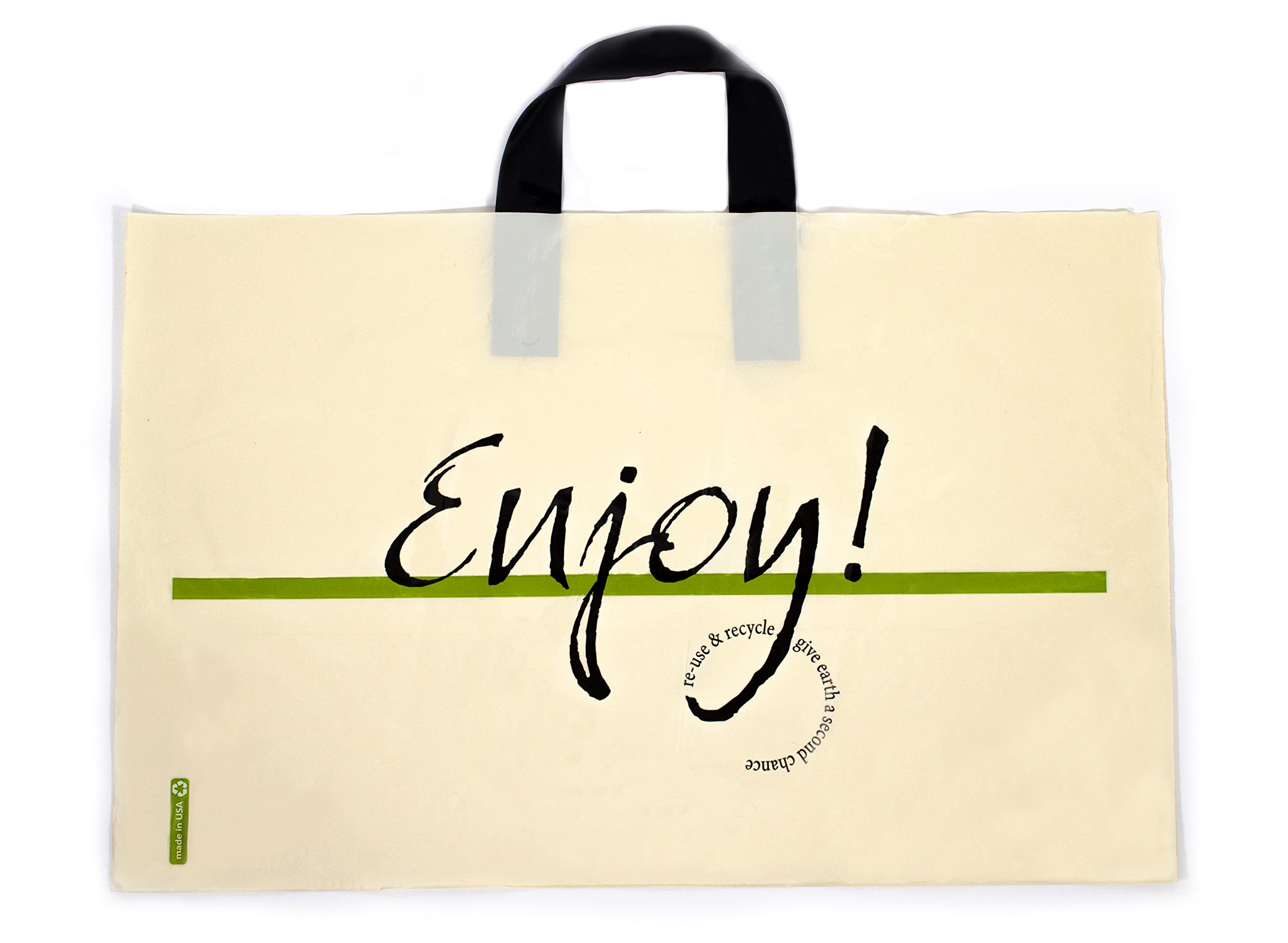 Enjoy Shopping Bags with Handles, 50 Pack, MADE IN USA, 19" W x 12" H + 9" Bottom, Reusable Birthday Party Favor Plastic Boutique Merchandise Customer Bags for Small Retail Grocery Business, Cream,