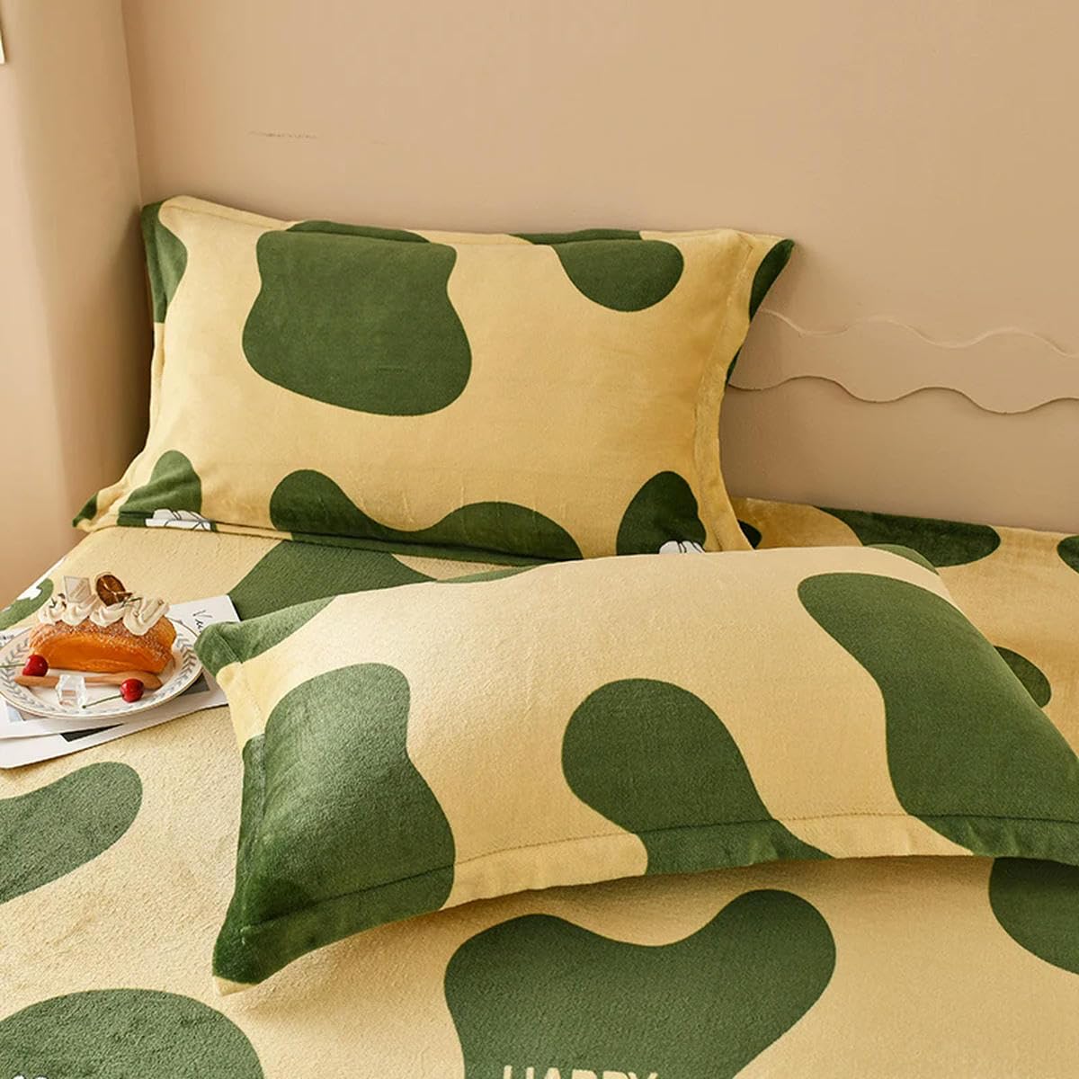 Juego de sábanas ajustables geométricas verdes súper cálidas de 3 piezas para el invierno, sábana de terciopelo con diseño de oso de dibujos animados para niños y niñas, funda de cama de 90 x 200 cm x
