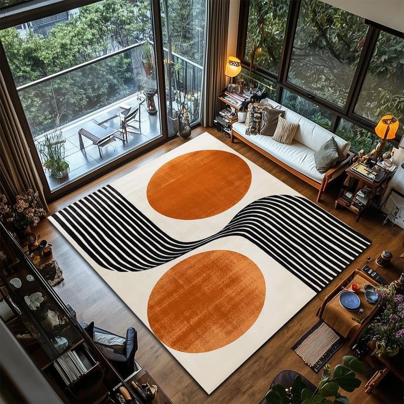 Tapis rétro orange à lignes circulaires 180x250cm géométrique et lavable pour salon