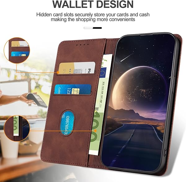 Coque pour Xiaomi Redmi Note 14 Pro 5G / Note 14 Pro Plus, Etui Protection Housse en Cuir PU, Antichoc Portefeuille Étui à Rabat Flip Case pour Redmi Note 14 Pro 5G / 14 Pro+ 5G (Café) - 2