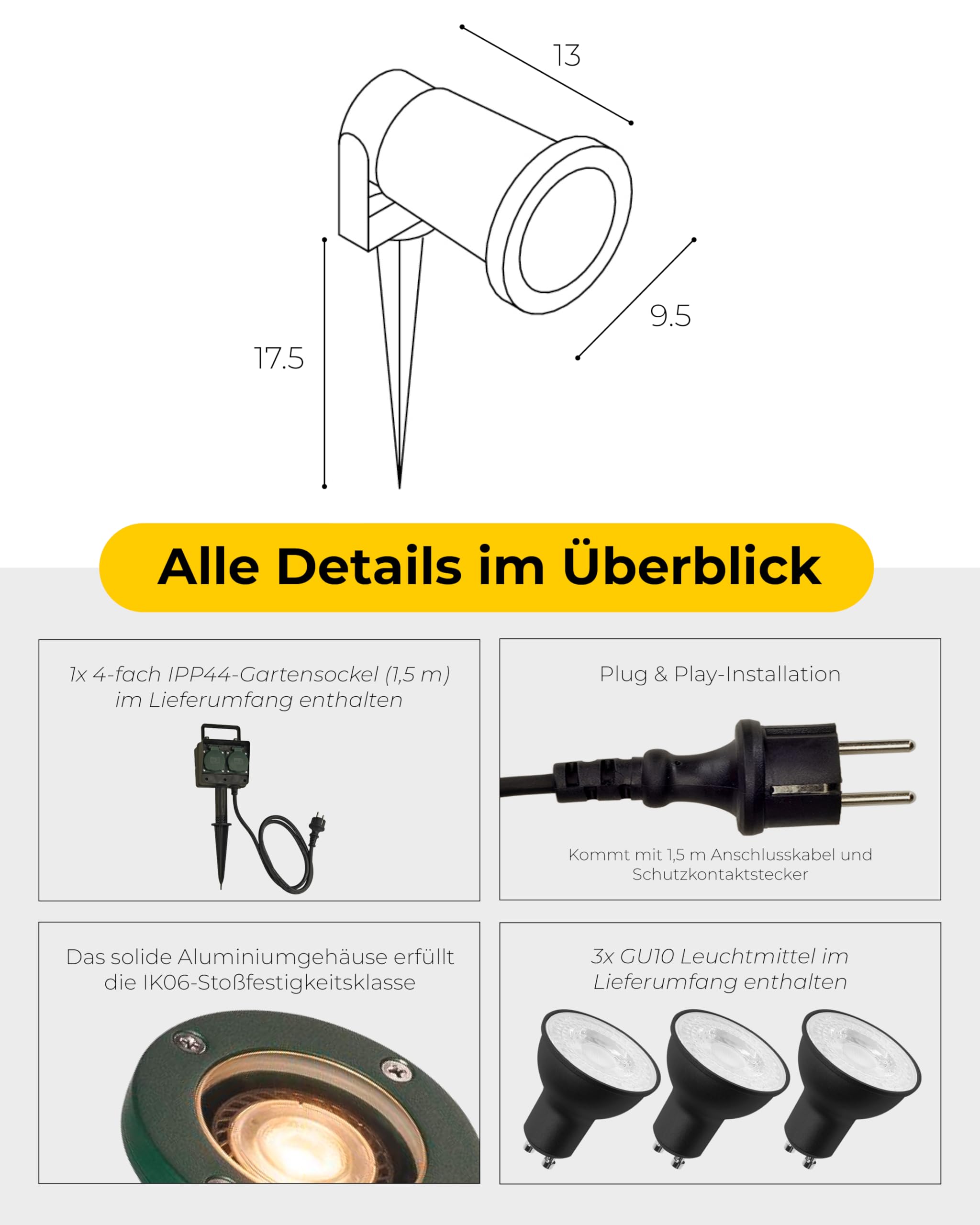 SLV NAUTILUS XL Erdspießleuchte – Außenleuchte für Garten, Terrasse, Wege & Teich | GU10, IP65, 11 W, mit Erdspieß & Stecker | 3er-Set | Schwarz