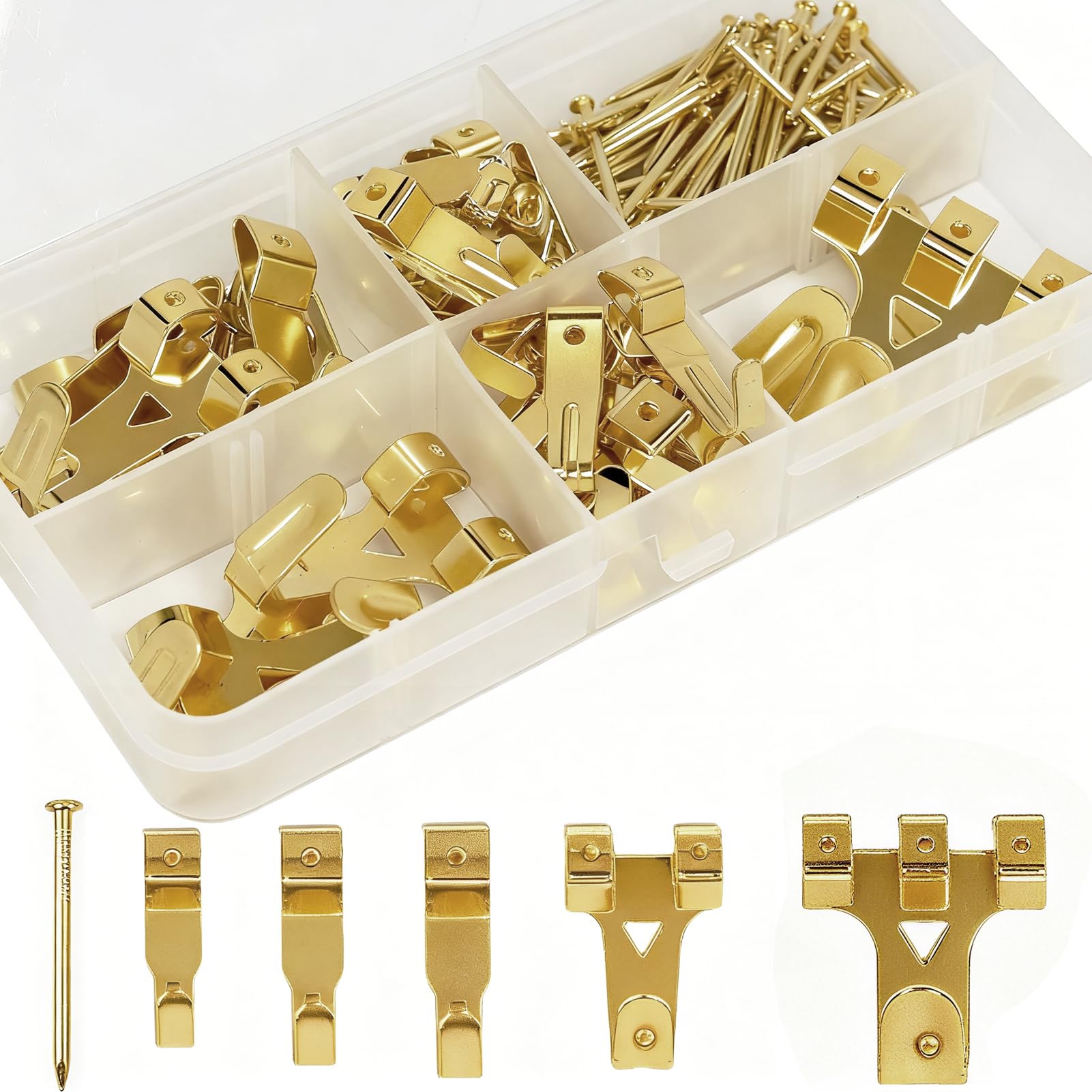 Heavy Duty Picture Hooks, 130 Pcs Picture Hanging Kit Picture Frame Hook Hangers Wall Nails Plasterboard Hard Walls Picture Hooks Brass Picture Hooks for Mirrors Picture Frames Decor Paintings