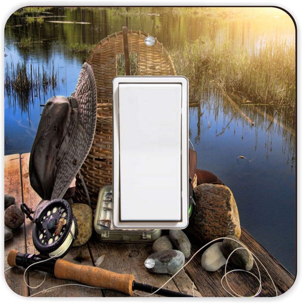 Still Life Fishing Tackle on River -Light Switch Plate Cover - Double GFI Double Rocker - Two Gang Switch Plate Cover Switch Plate Cover