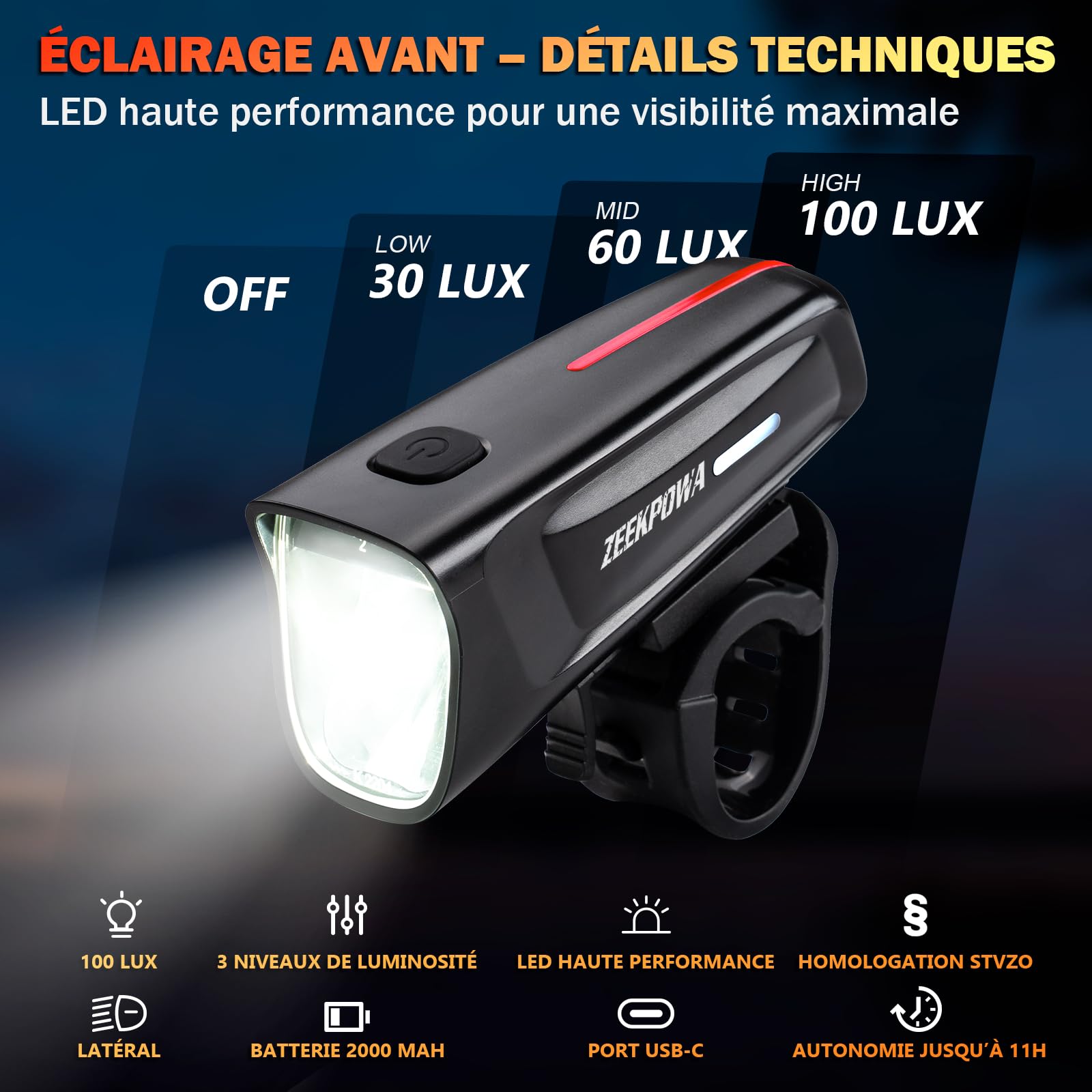 Kit d'éclairage de vélo 100 Lux StVZO, batterie USB-C avant + feu arrière avec fonction feu stop, étanche IPX5 pour les trajets en route de nuit
