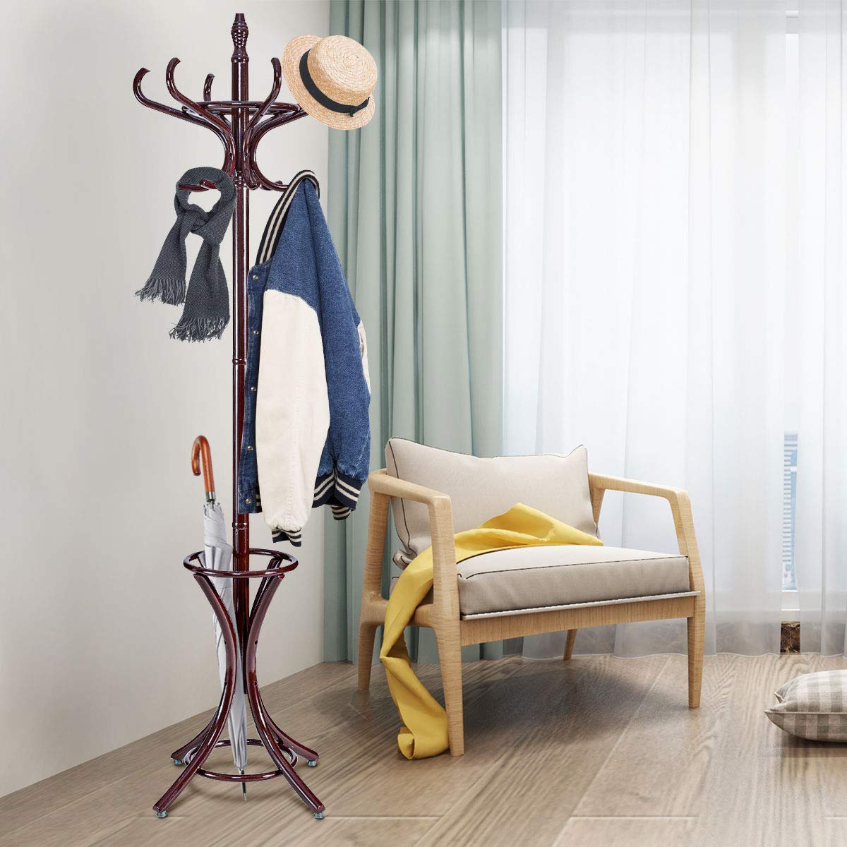 GIANTEX Appendiabiti da 184 cm, Scaffale per Abiti e Cappelli, Appendiabiti in Legno con 12 Ganci, Supporto per Ombrellone, Portabiti Autoportante, per Ingresso, Ufficio, Soggiorno (Marrone)