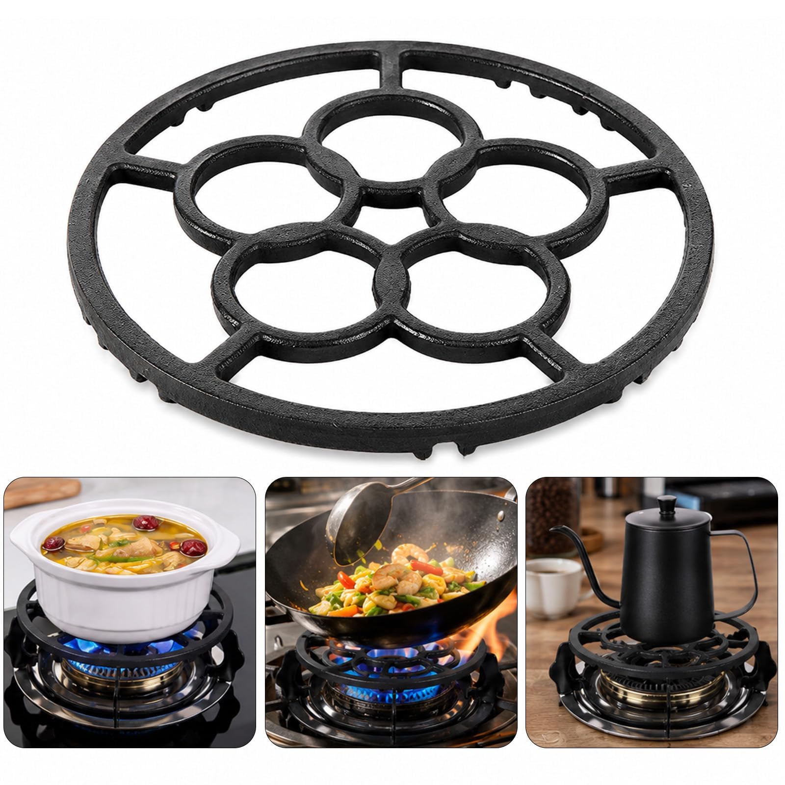 Juhuifu Black Gas Ring Reducer 18.2Cm Cast Iron Wok Ring, Wok Stand For Gas Hob, Non Slip Pan Support Trivet, Heat Resistant Holder For Moka Pot And Small Saucepan