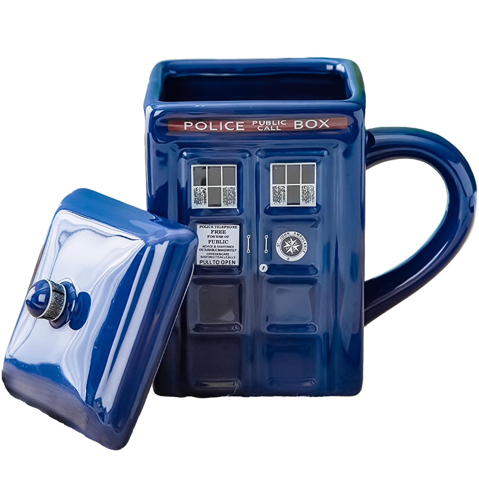 ZONSUSE Funny Police Box Ceramic Mug with Lid, Square Shaped Ceramic Coffee Cup, Holds 450ml of Your Favorite Coffee