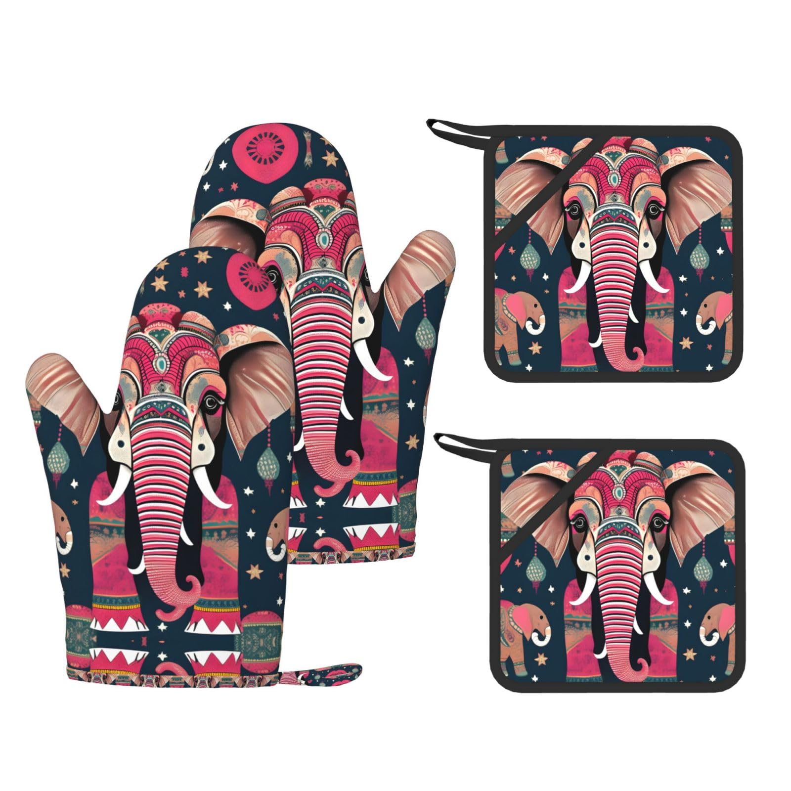 Bohemian Elephant Pattern Printed Oven Mitts with Pocket and Hot Pads, Silicone Non-Slip Kitchen Gloves for Baking BBQ