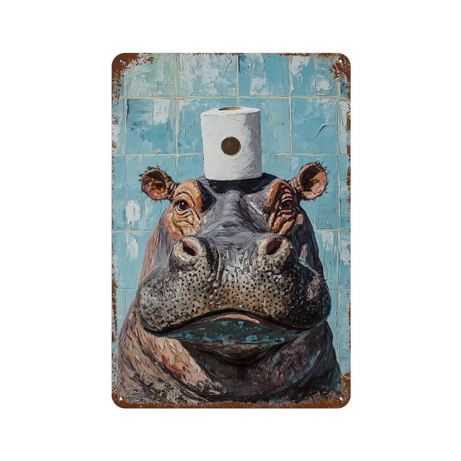 Rust Effect Hippos in The Bathroom Rustic Tin Plaque 11.8"x7.9", Old School Wall Decor for Shed, Workshop And Garage Wall Decor