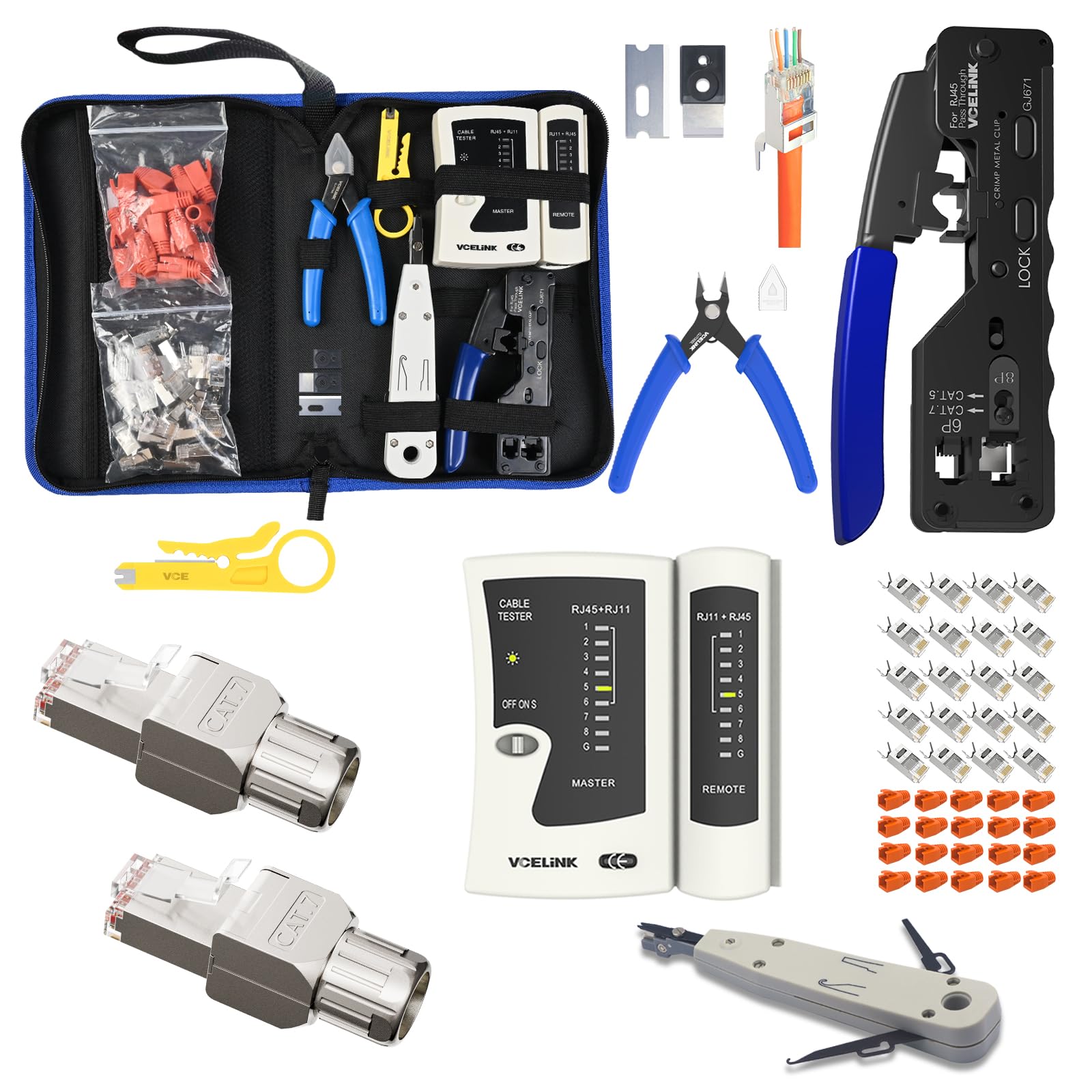 VCELINK Netzwerk Werkzeug Set mit RJ45 Crimpzange, 20 x Cat7/Cat6a Pass Through Stecker, Netzwerktester, LSA & Abisolierzange, Stofftasche sowie 2 Stück CAT7 Werkzeuglose RJ45 Stecker