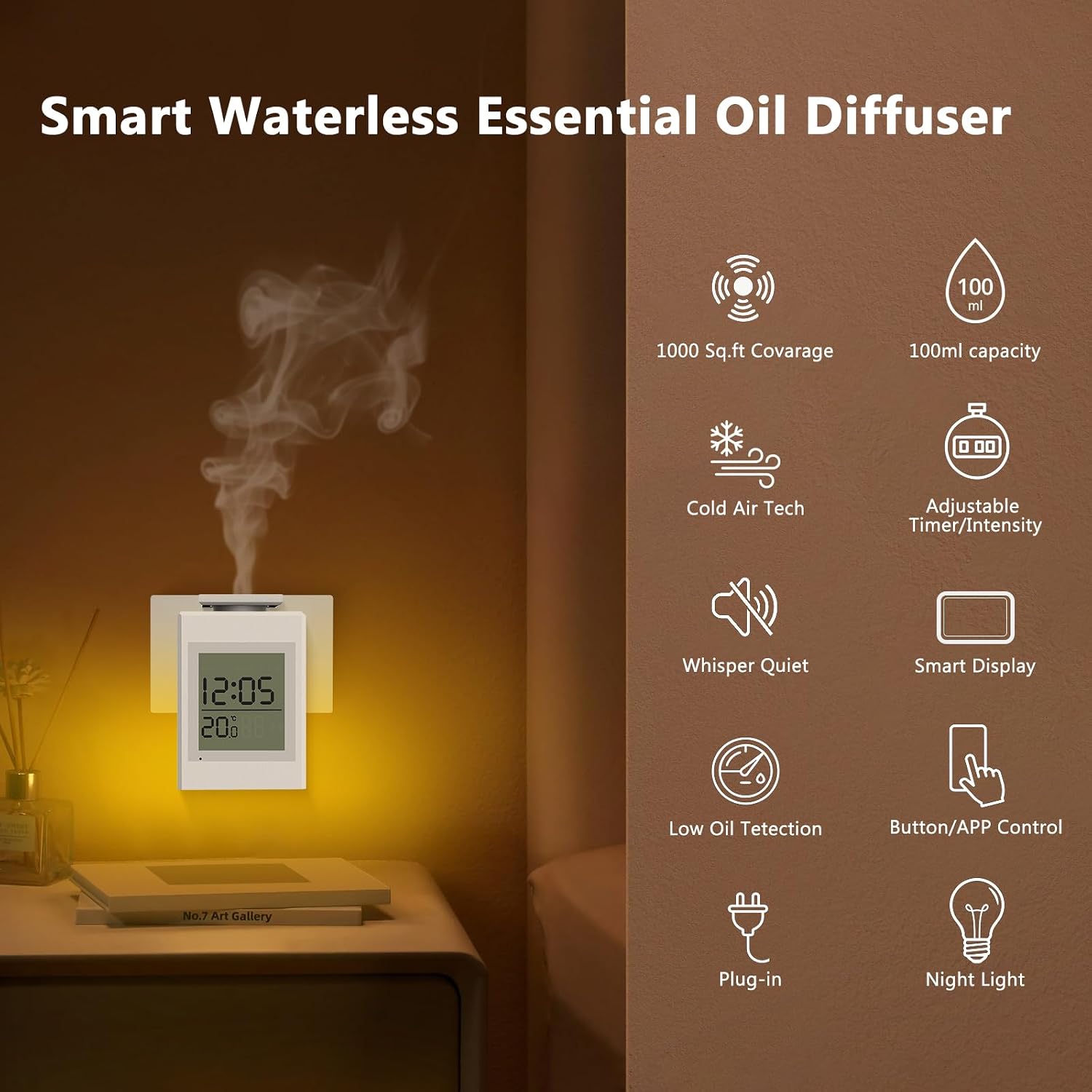 Smart Waterless Essential Oil Diffuser Plug in, 1000 Sq.Ft Cold Air Scent Diffuser with Clock & Environmental Display, Adjustable Timer & Intensity, Hotel Collection Diffuser for Home & Large Rooms