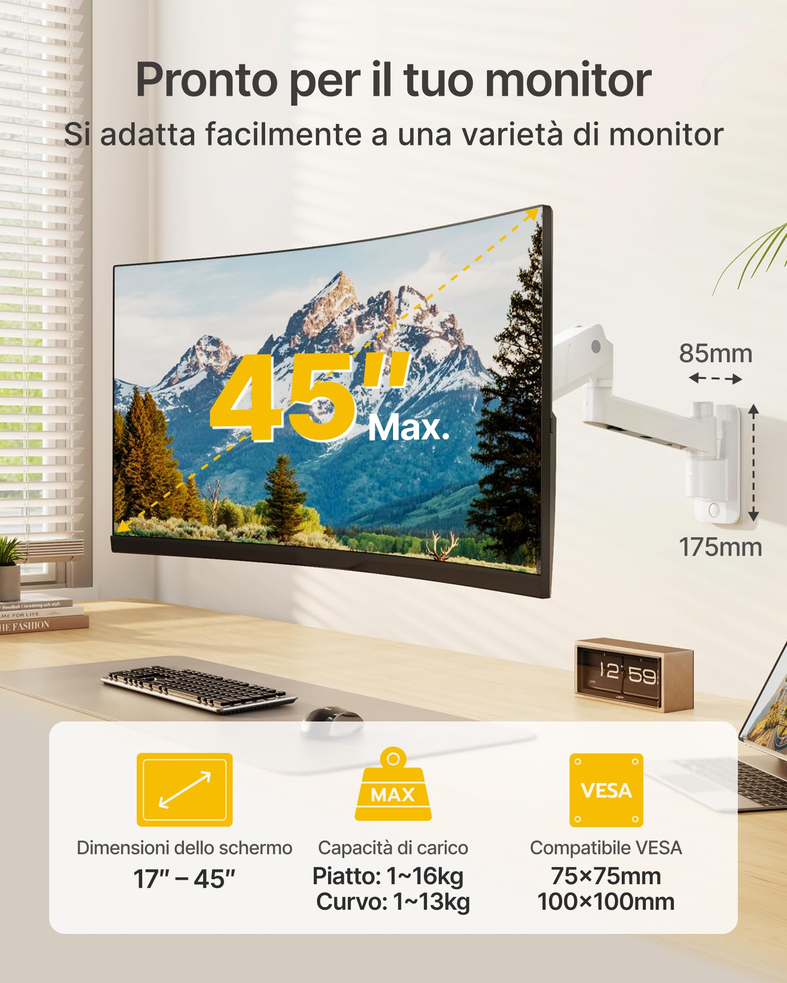 monTEK Supporto da parete per monitor da 17 a 45 pollici, carico massimo 16 kg, supporto universale da parete per TV a schermo piatto e curvo, VESA 75 x 75 / 100 x 100 mm, inclinabile, orientabile