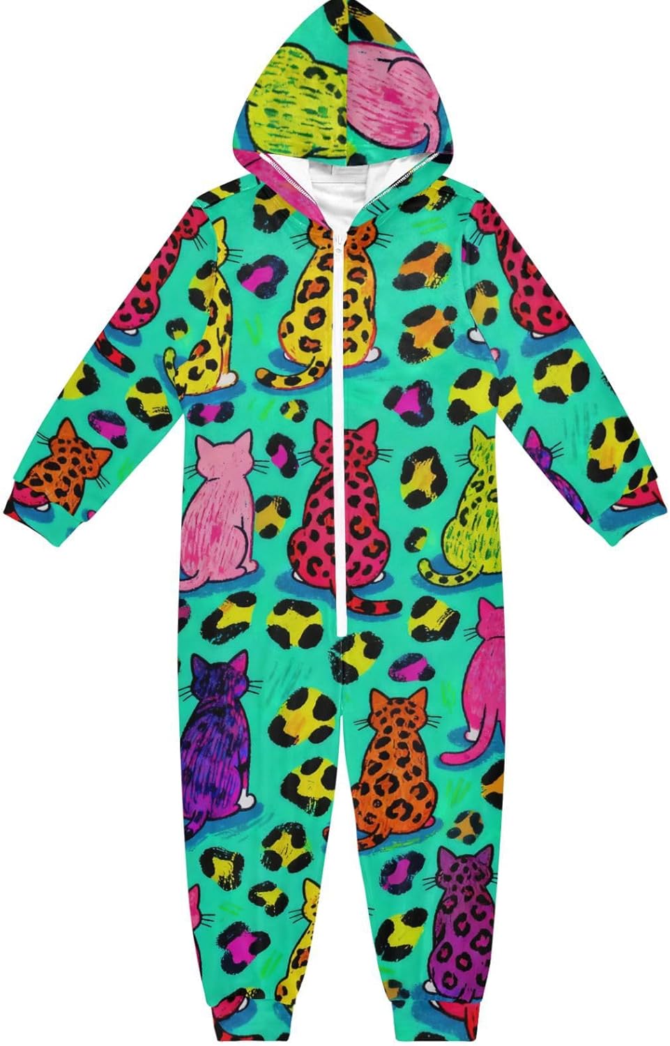 Teal Leopard Print Cartoon CatPajamaSoft Cozy Hooded One-Piecing Sleeper PJSfor Parties Sleepovers