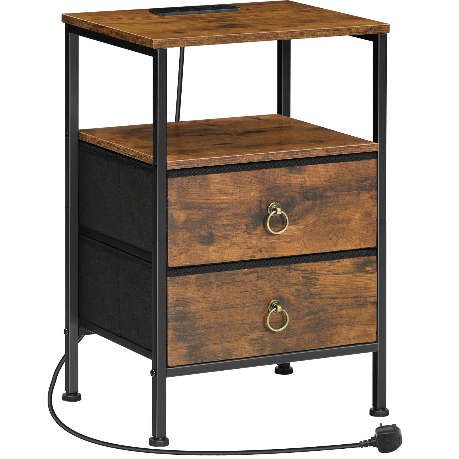 HOOBRO Bedside Table with Charging Station, Side Table with 2 USB Ports and Outlet, End Tables with 2 Fabric Drawers, Nightstand for Small Spaces, Rustic Brown and Black EBF110KBZ01