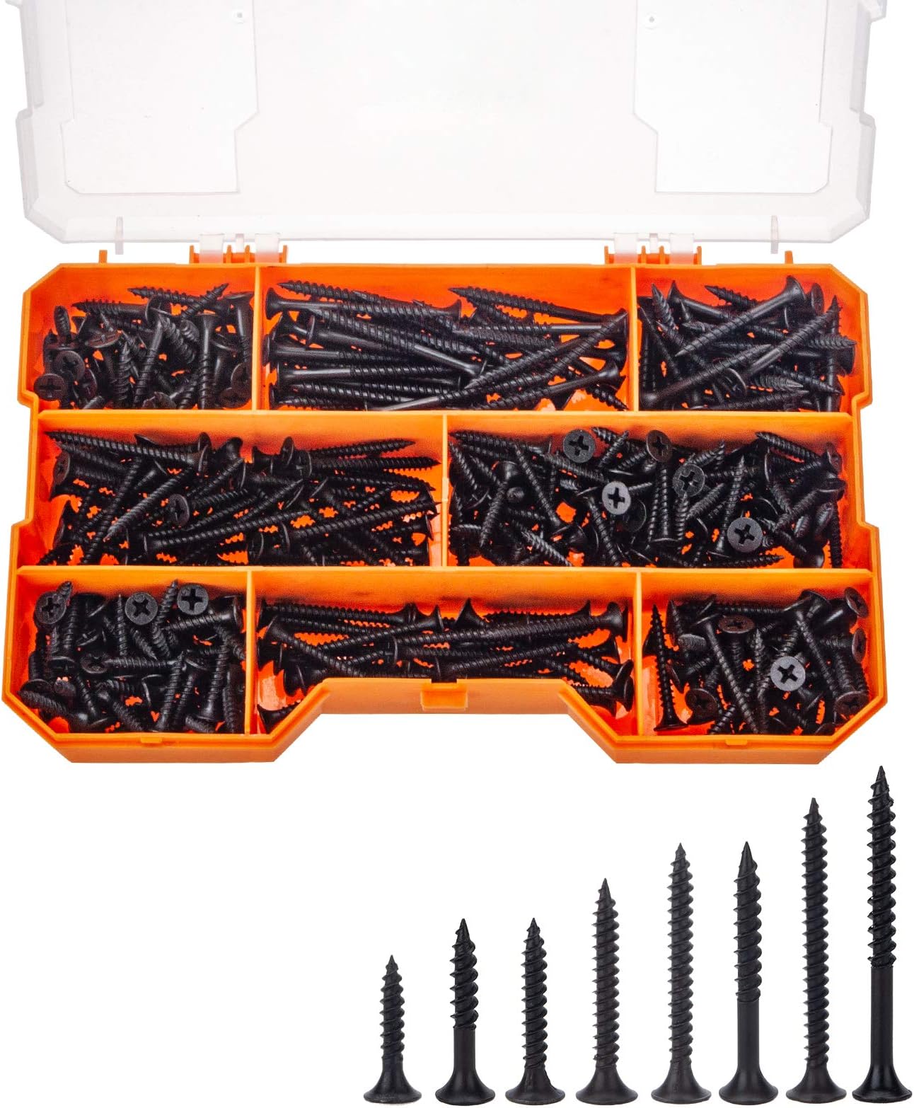 Maexxna 380pcs Drywall Screws Kit, 8 Sizes Wood Screws, Black Steel Drywall Screws Phillips Bugle Head and Black Phosphate Finish Self Tapping Screws Assortment for Wood Drywall Sheetrock