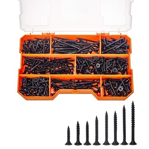 Maexxna Kit de 380 tornillos para paneles de yeso, 8 tamaños de tornillos de madera, tornillos para paneles de yeso de acero negro, cabeza de