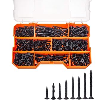 380pcs Drywall Screws Kit, 8 Sizes Wood Screws, Black Steel Drywall Screws Phillips Bugle Head and Black Phosphate Finish Self Tapping Screws Assortment for Wood Drywall Sheetrock