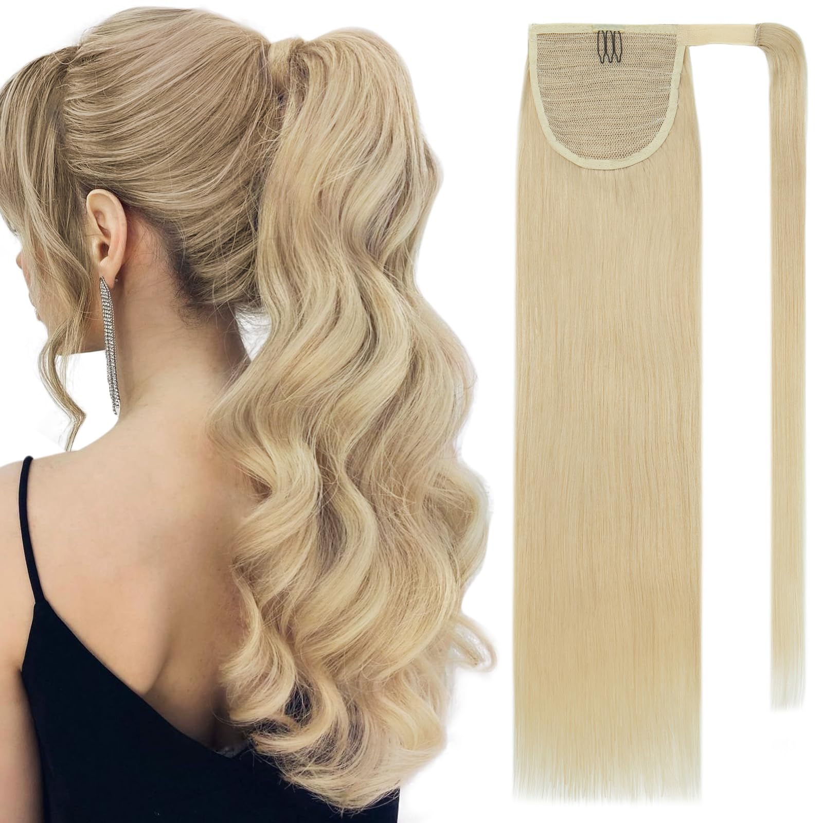 SEGO Pro Ponytail Extensions Human Hair Long Straight Ponytail Hair Extensions with Magic Paste Wrap Around Clip in Ponytail Extensions Real Human
