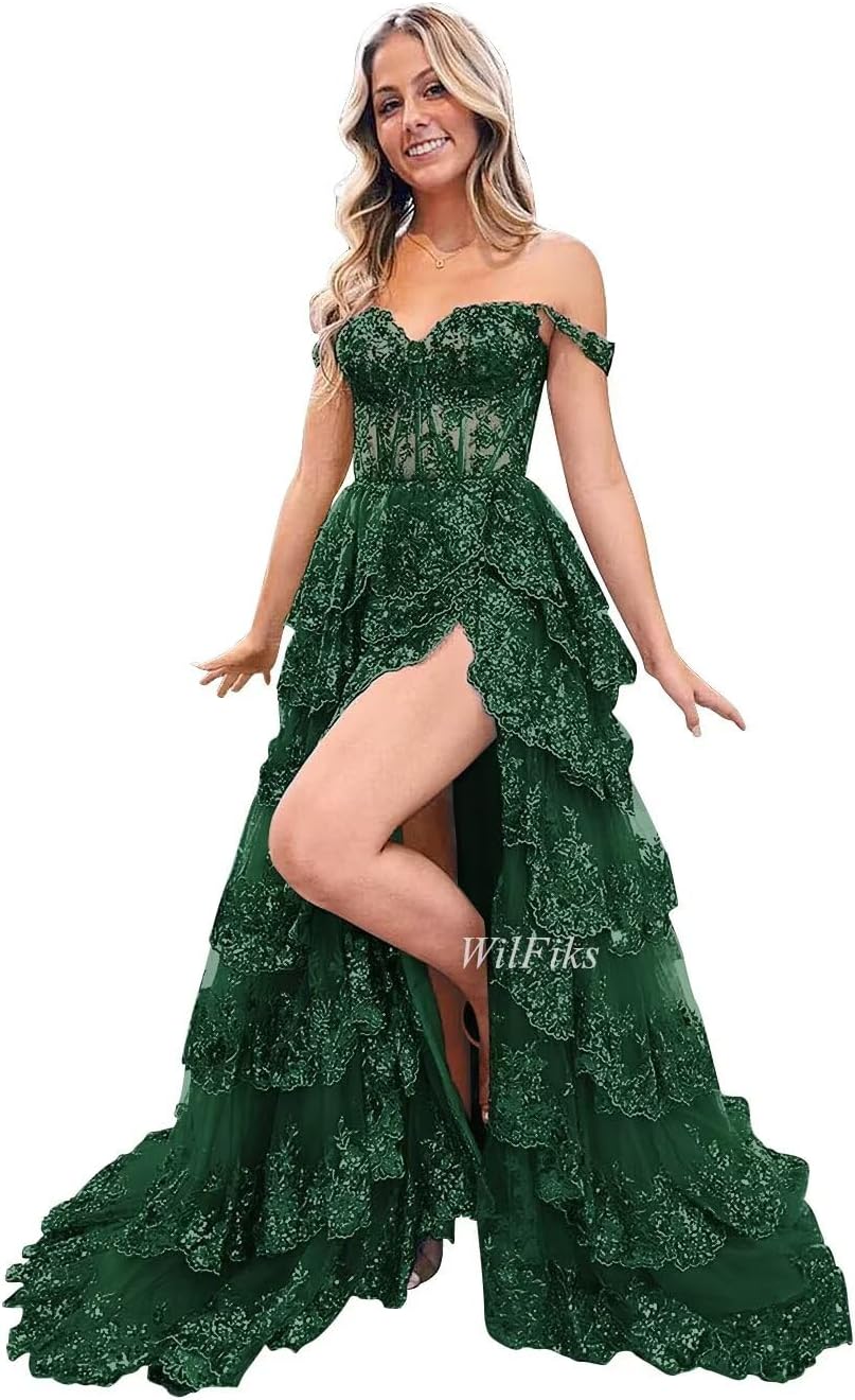 Off Shoulder Tiered Lace Prom Dresses 2026 Long Ball Gowns for Women Formal Sparkly Sequin Corset Wedding Gown with Slit